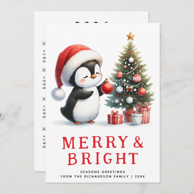 Roligt Penguin Merry Bright Modern Minimal jul Julkort (Fram/baksida)
