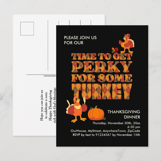 Roligt PERKY FOR TURKEY Thanksgiving Dinner Black Inbjudan Vykort (Fram/baksida)