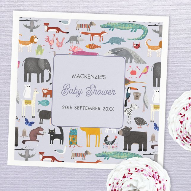Roligt Personlig Djurbabyskor Pappersservett (Jungle safari zoo wild and pet animal themed personalized baby shower paper napkins)