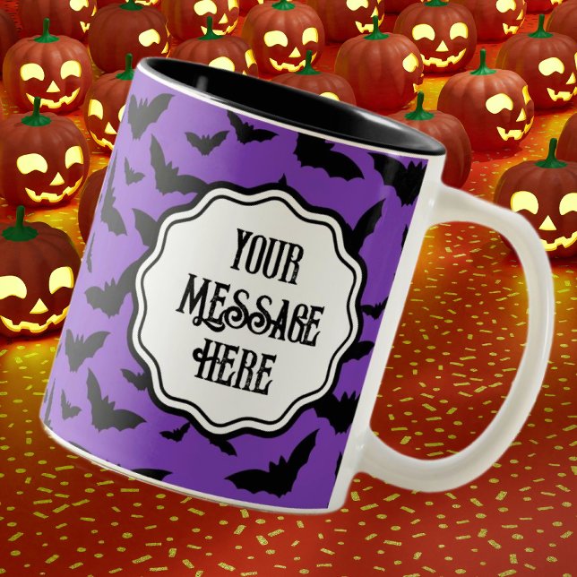 Roligt Personlig Halloween Lila Black Fladdermus Två-Tonad Mugg (Personalize this cute bat mug!)