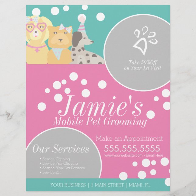 Roligt Pet Services Grooming Hund Bubbles Flyer (Framsidan)