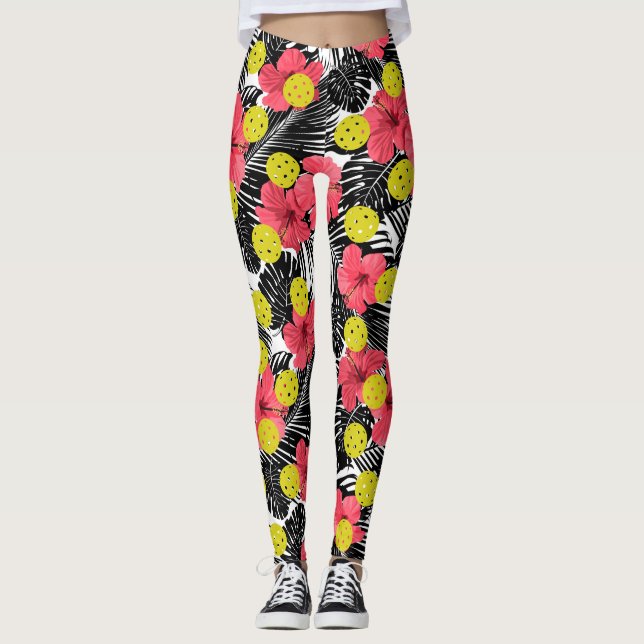 Roligt Pickleball Tropical Red Hibiscus Flower Spo Leggings (Framsida)