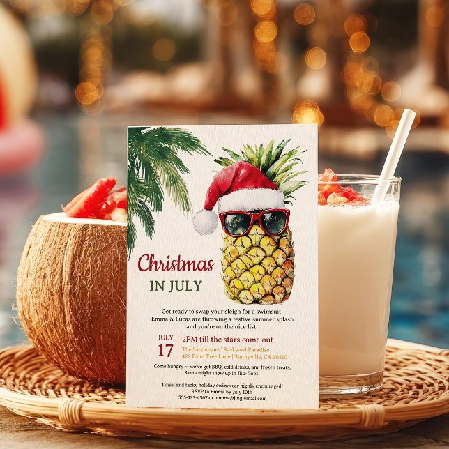 Roligt Pineapple jultomten i juli Sommaren Party Inbjudningar (Fun Pineapple Santa Christmas in July Summer Party Invitation)