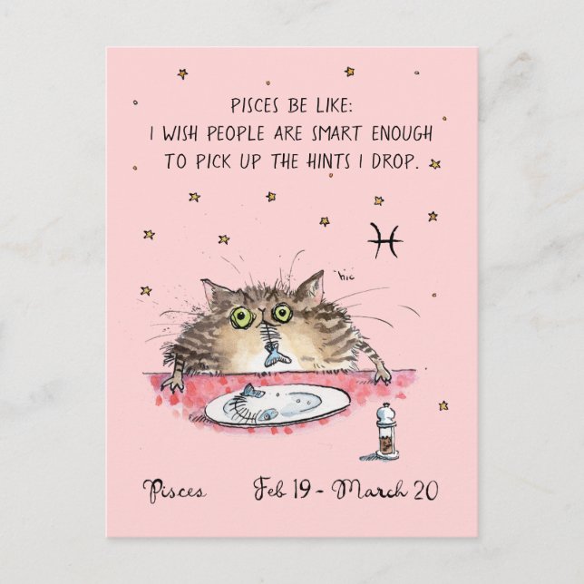 Roligt Pisces vycard Zodiac Cat Stjärntecken vykor Vykort (Framsida)