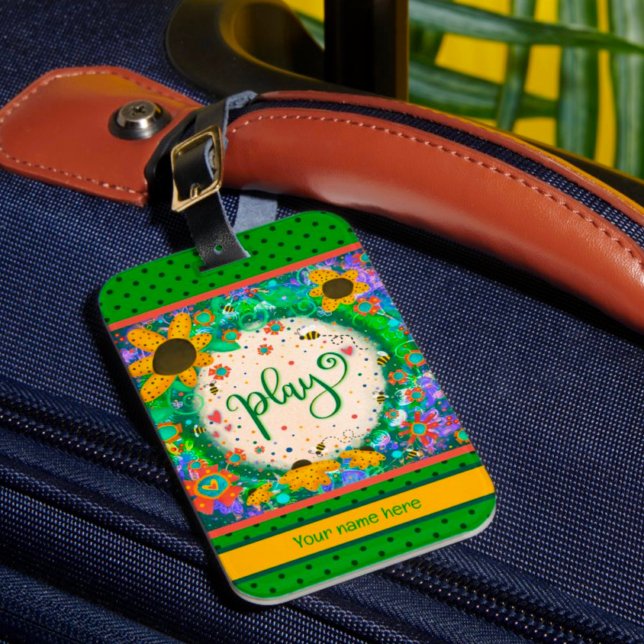 Roligt Play Personlig Namn Blommigt Bumblebee Bagagebricka (Skapare uppladdad)