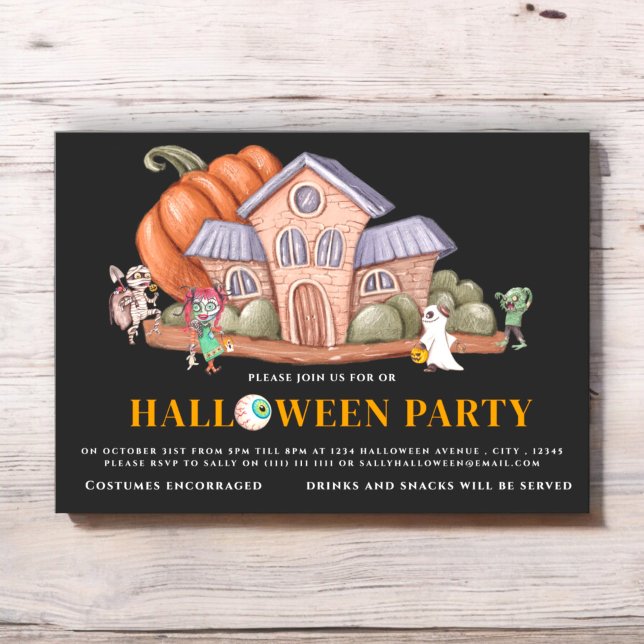 Roligt pooky halloween costume party inbjudningar (fun cute kids halloween costume party invitation fully editable and instant download available )