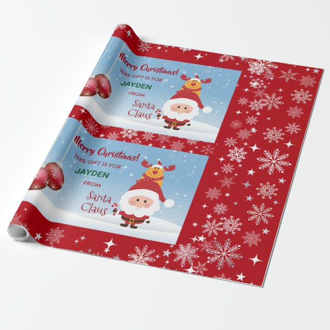 Roligt presentkort från tomten Rudolf snöflingor b Presentpapper (Utrullad)
