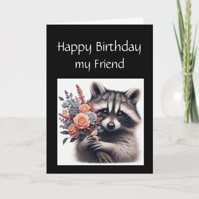 Roligt Raccoon Friend Birthday Flowers Kort (Framsida)