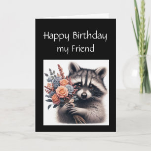 Roligt Raccoon Friend Birthday Flowers Kort