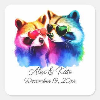 Roligt Raccoon par | Romantic Bröllop Fyrkantigt Klistermärke