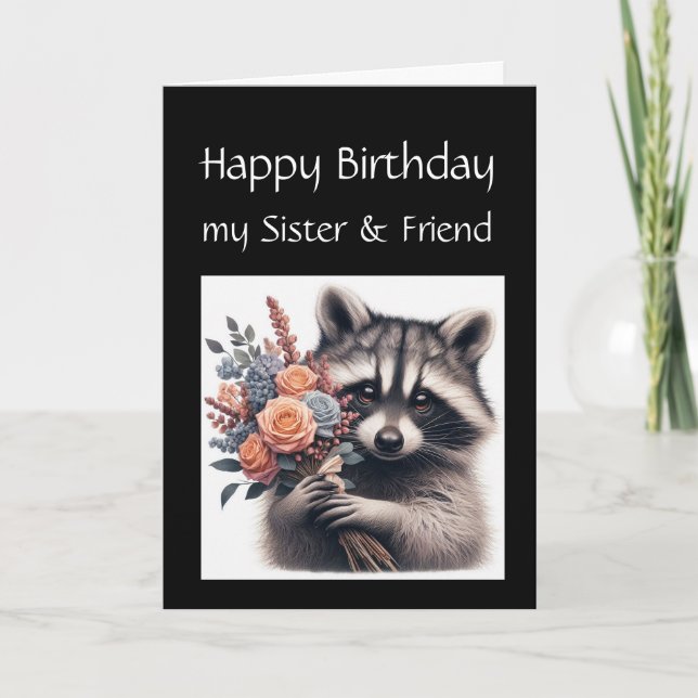 Roligt Raccoon Sister Kärlek Birthday Flowers Kort (Framsida)