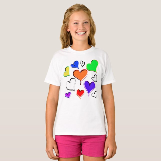 Roligt Rainbow Hearts T Shirt (Hel framsida)