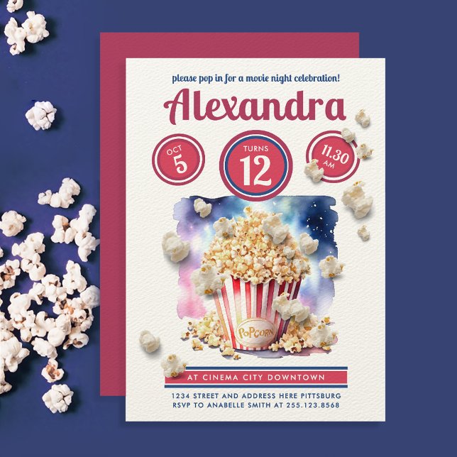 Roligt Red Blue Popcorn Movie Night Party Watercol Inbjudningar (Skapare uppladdad)
