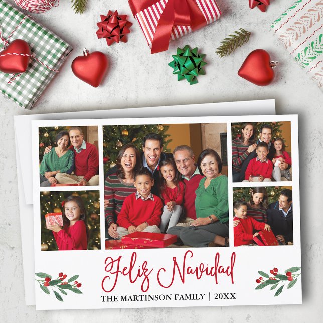 Roligt Red Calligraphy 5 Photo Feliz Navidad Julkort (Customize to add text to back of card.)