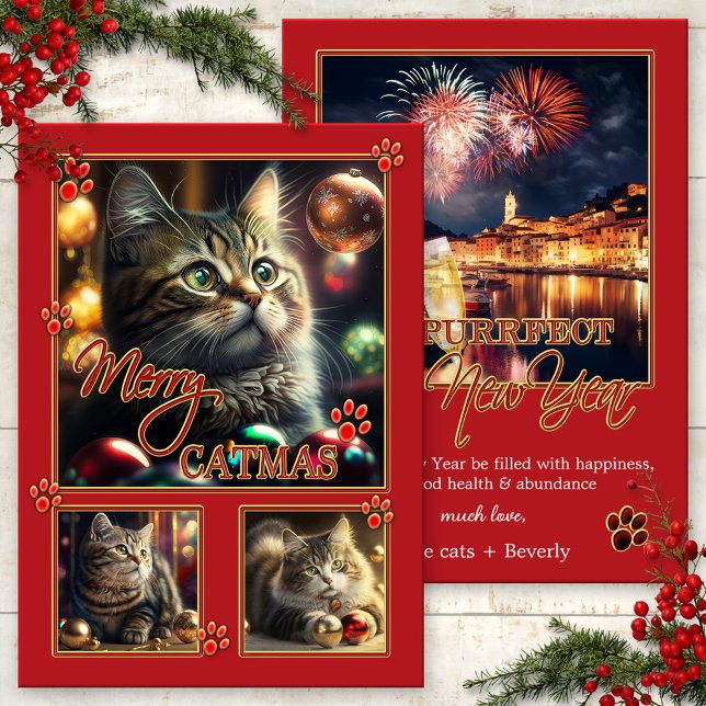 Roligt Red Cat Photo- jul - nyårskort Julkort (Fun red Catmas and New Year card with your photos or images of cats playing with Christmas balls)