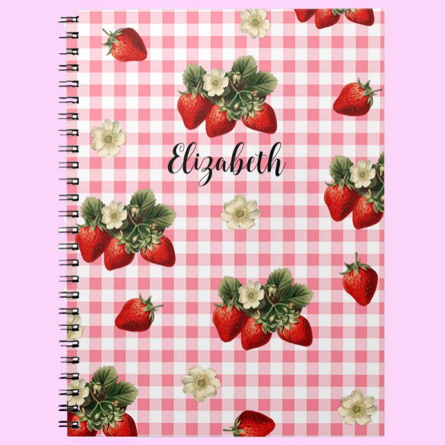 Roligt Red Gingham Strawberry Custom Name Anteckningsbok (Skapare uppladdad)