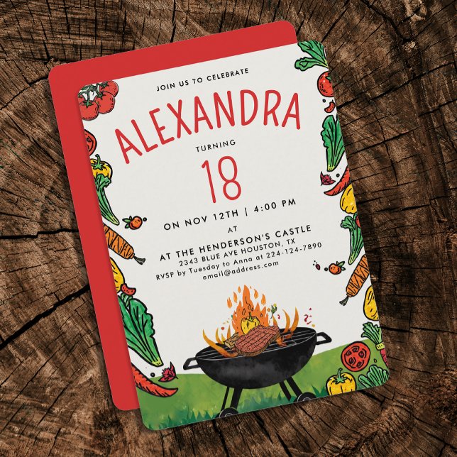 Roligt Red Grönt Backyard Grill Steak Veggie Picni Inbjudningar (Skapare uppladdad)