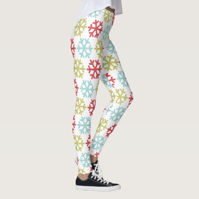 Roligt Red Lime Green Aqua Blue Snöflingor Mönster Leggings (Höger)