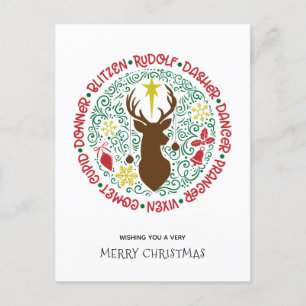 Roligt Red Script Santa Reindeer Namn jul Helg Vykort