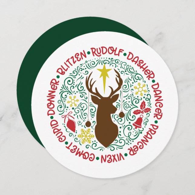 Roligt Red Script Santa Reindeer Namn jul Julkort (Fram/baksida)