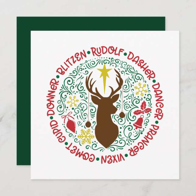 Roligt Red Script Santa Reindeer Namn jul Julkort (Fram/baksida)