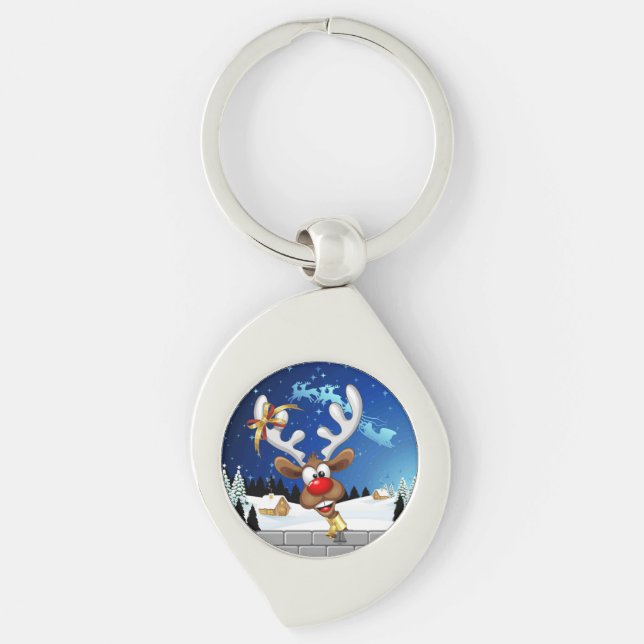 Roligt Ren som tittar Jul Meme Swirl Silverfärgad Nyckelring (Framsidan)