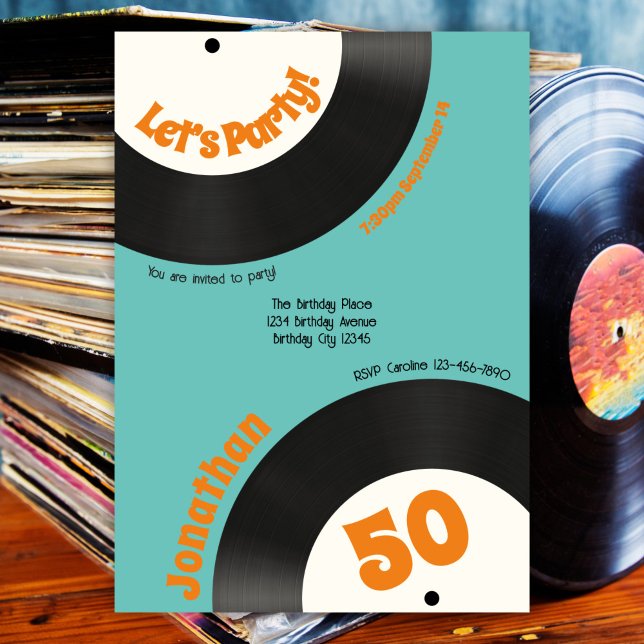 Roligt Retro 50:e födelsedagen 70:e musikvinylpost Inbjudningar (Skapare uppladdad)