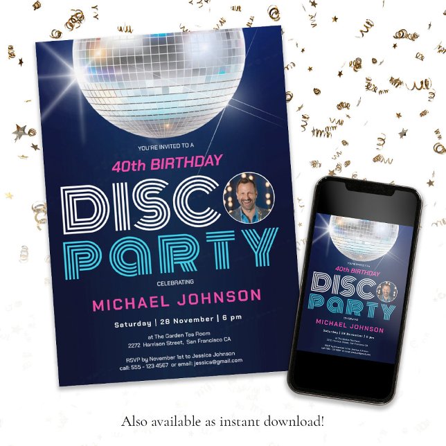 Roligt Retro Anpassningsbar Photo Disco Party 40:e Inbjudningar (Fun 40th Birthday Disco Party Retro Custom Photo Invitation)