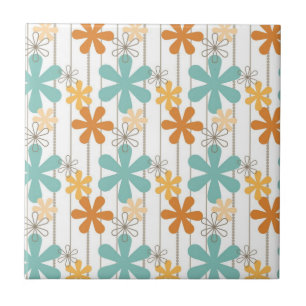 Roligt Retro Blommönster Orange Blue Wall Flowers Kakelplatta