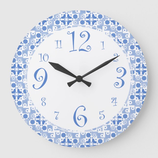 Roligt Retro Blue och White Kitchen Clock Stor Klocka (Framsida)