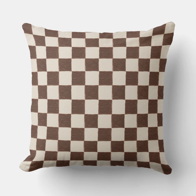 Roligt Retro Checkerboard Mönster Brown Cream Kudde (Framsida)