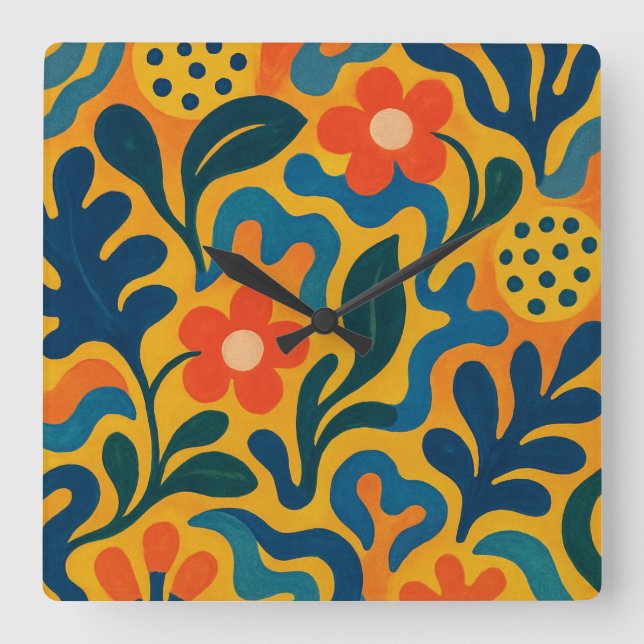 Roligt Retro Garden Collage Mönster Motif Fyrkantig Klocka (Framsida)