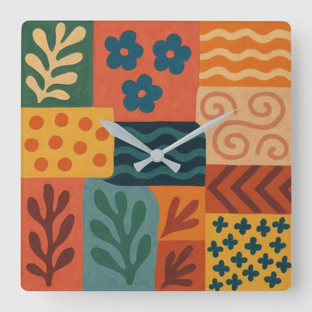 Roligt Retro Garden Collage Mönster Motif Fyrkantig Klocka (Framsida)