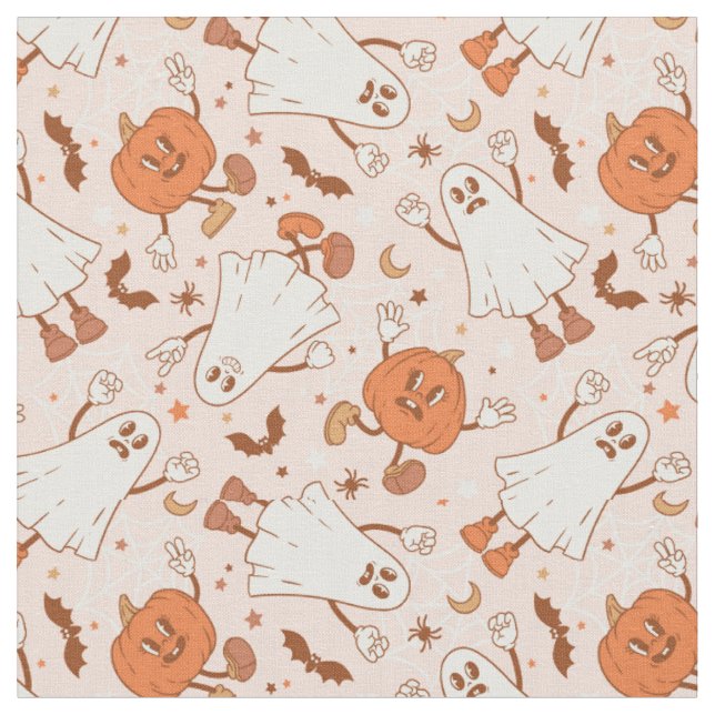 Roligt Retro Ghost & Jack-O-Lantern Mönster Tyg (Närbild)