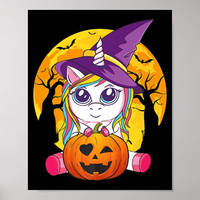 Roligt Retro Halloween ger Cute Witchy Unicorn Gir Poster (Framsidan)