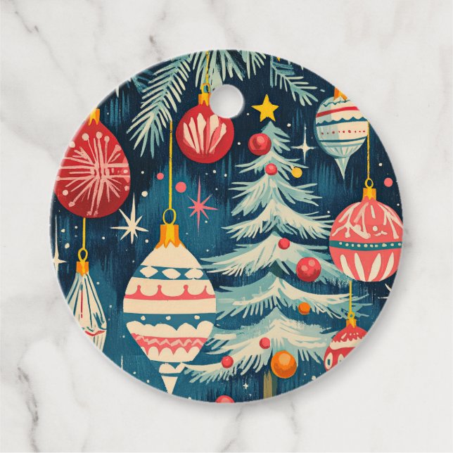 Roligt Retro Julgranar Ornaments Gåvor Etiketter (Framsida)
