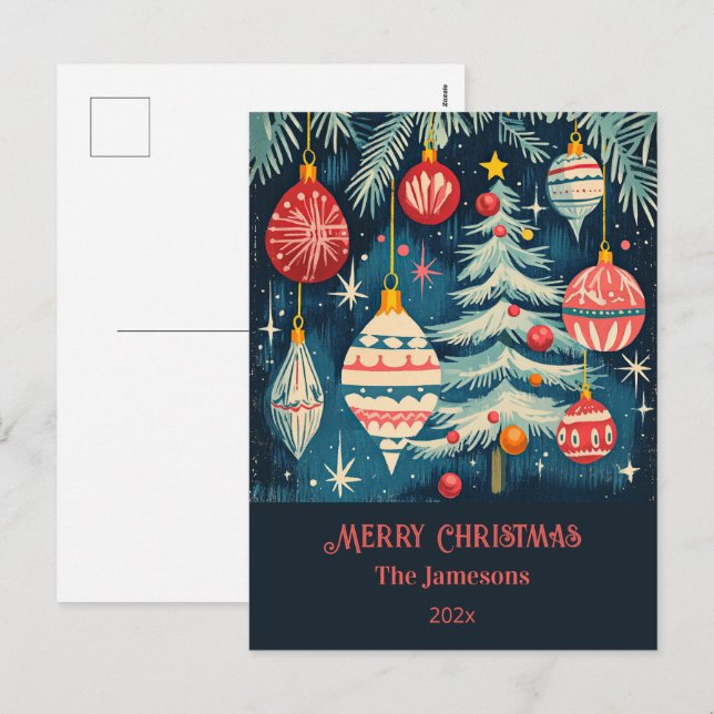 Roligt Retro Julgranar Ornaments Helg Vykort (Fram/baksida)