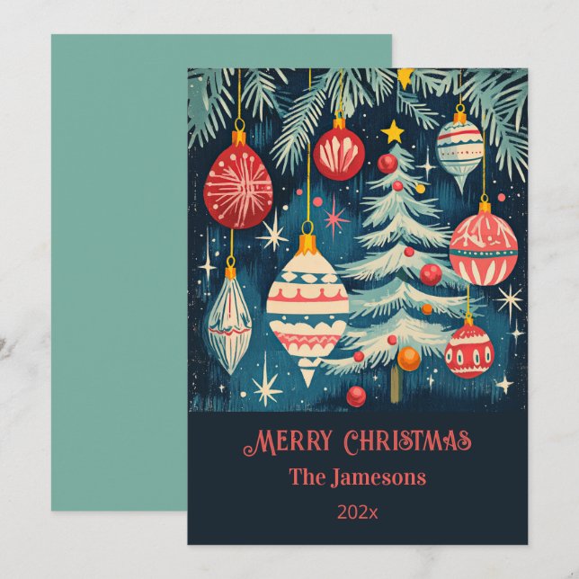 Roligt Retro Julgranar Ornaments Julkort (Fram/baksida)