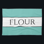 Roligt Retro Light Teal White FLOUR Rand Kökshandduk<br><div class="desc">Den här roligten färglös bord-köksdesign har FLOUR-text inuti ett vitt,  vitt center rand,  som markerats med svart streck mot ljusa,  teala akvatiska yttre ränder. Texten kan vara personlig.</div>