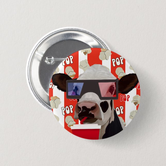 Roligt Retro Popcorn Whimsical Cow - Red Rand Knapp (Framsida & baksida)