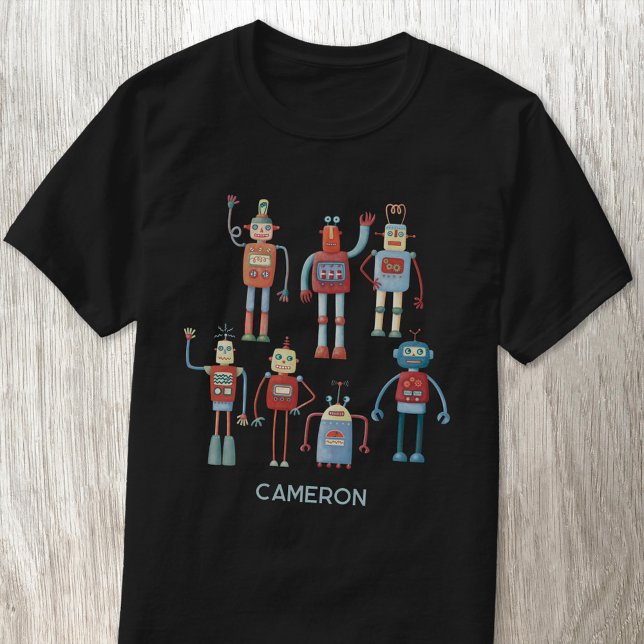 Roligt Retro Robot Personlig T Shirt (Fun retro robot personalized custom name t-shirt)