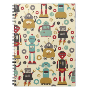 Roligt Retro Robots Illustrated Mönster (Cream) Anteckningsbok