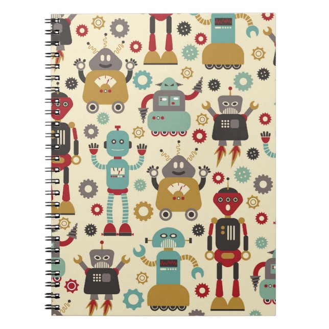 Roligt Retro Robots Illustrated Mönster (Cream) Anteckningsbok (Framsidan)
