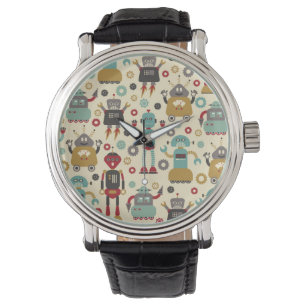 Roligt Retro Robots Illustrated Mönster (Cream) Armbandsur
