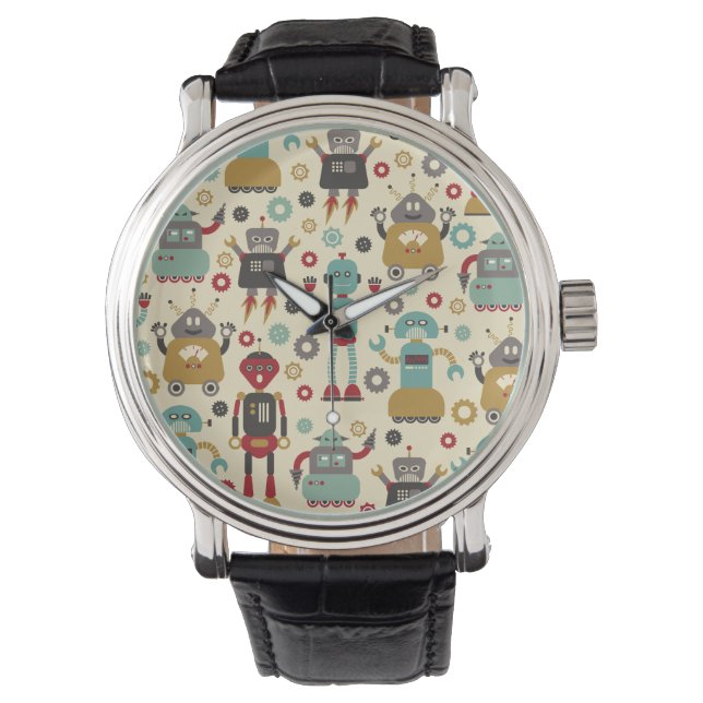 Roligt Retro Robots Illustrated Mönster (Cream) Armbandsur (Framsida)