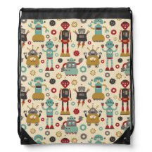 Roligt Retro Robots Illustrated Mönster (Cream)