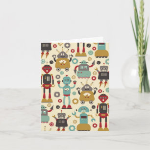 Roligt Retro Robots Illustrated Mönster (Cream) Kort