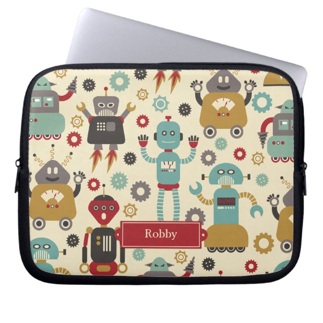Roligt Retro Robots Illustrated Mönster (Cream) Laptop Sleeve (Framsidan)