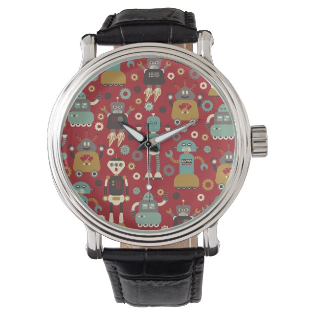 Roligt Retro Robots Illustrated Mönster (Red) Armbandsur (Framsida)