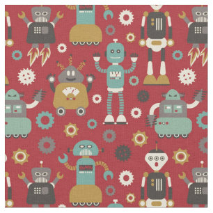 Roligt Retro Robots Illustrated Mönster (Red) Tyg